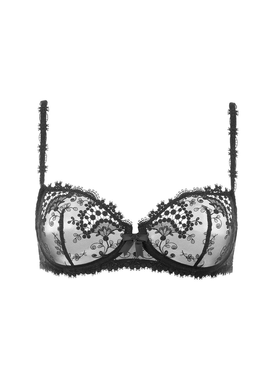 Black bra with lace details on a white background