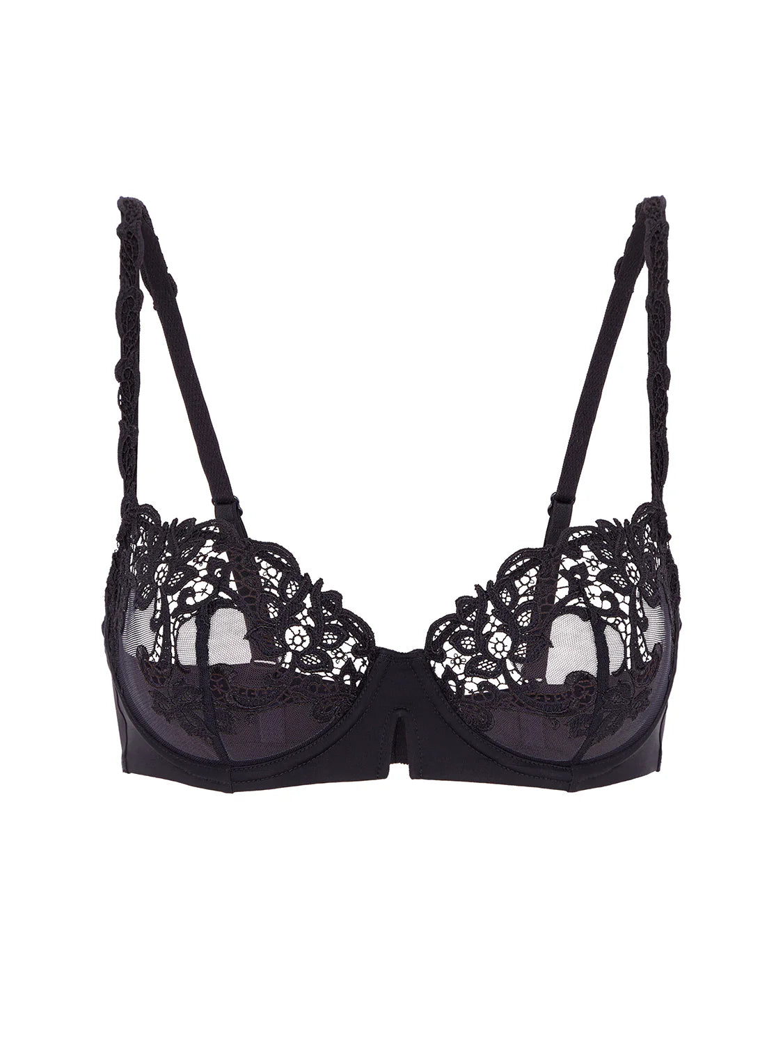 Black lace bra on a white background