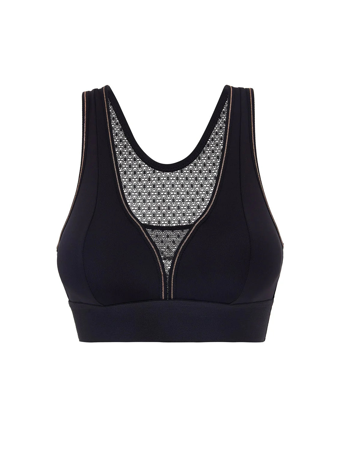 Black sports bra with geometric pattern on a white background