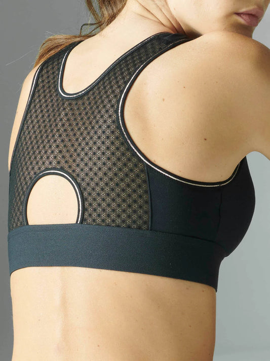 Black sports bra with mesh back on a neutral background
