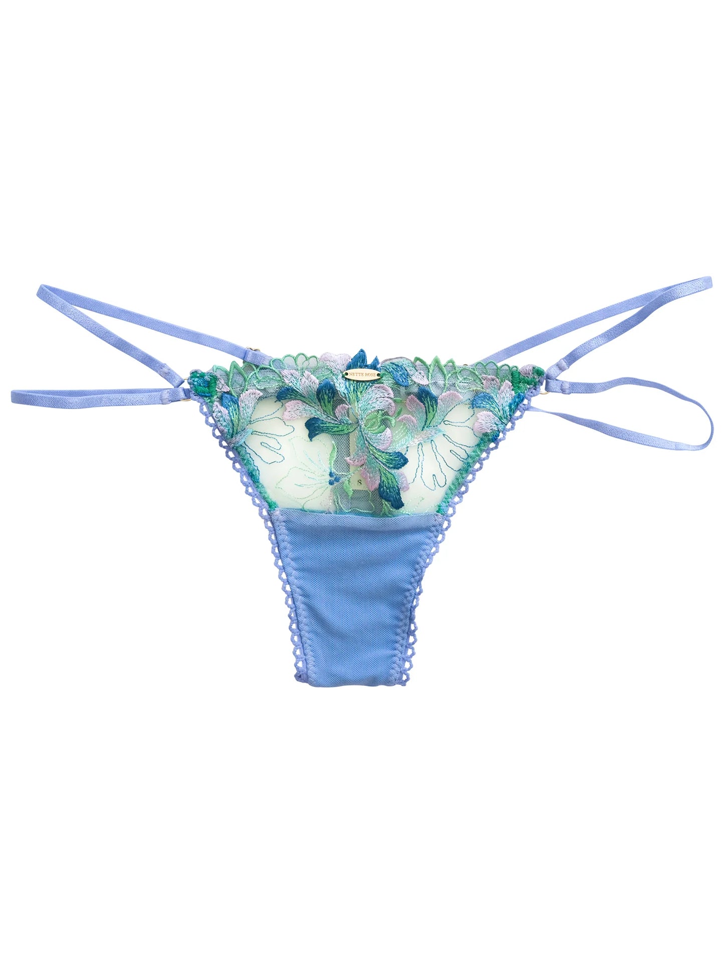 Blue bikini bottom with floral lace details on a white background
