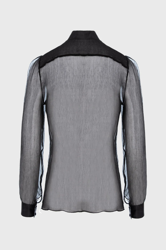 Black sheer shirt with black accents on a white background