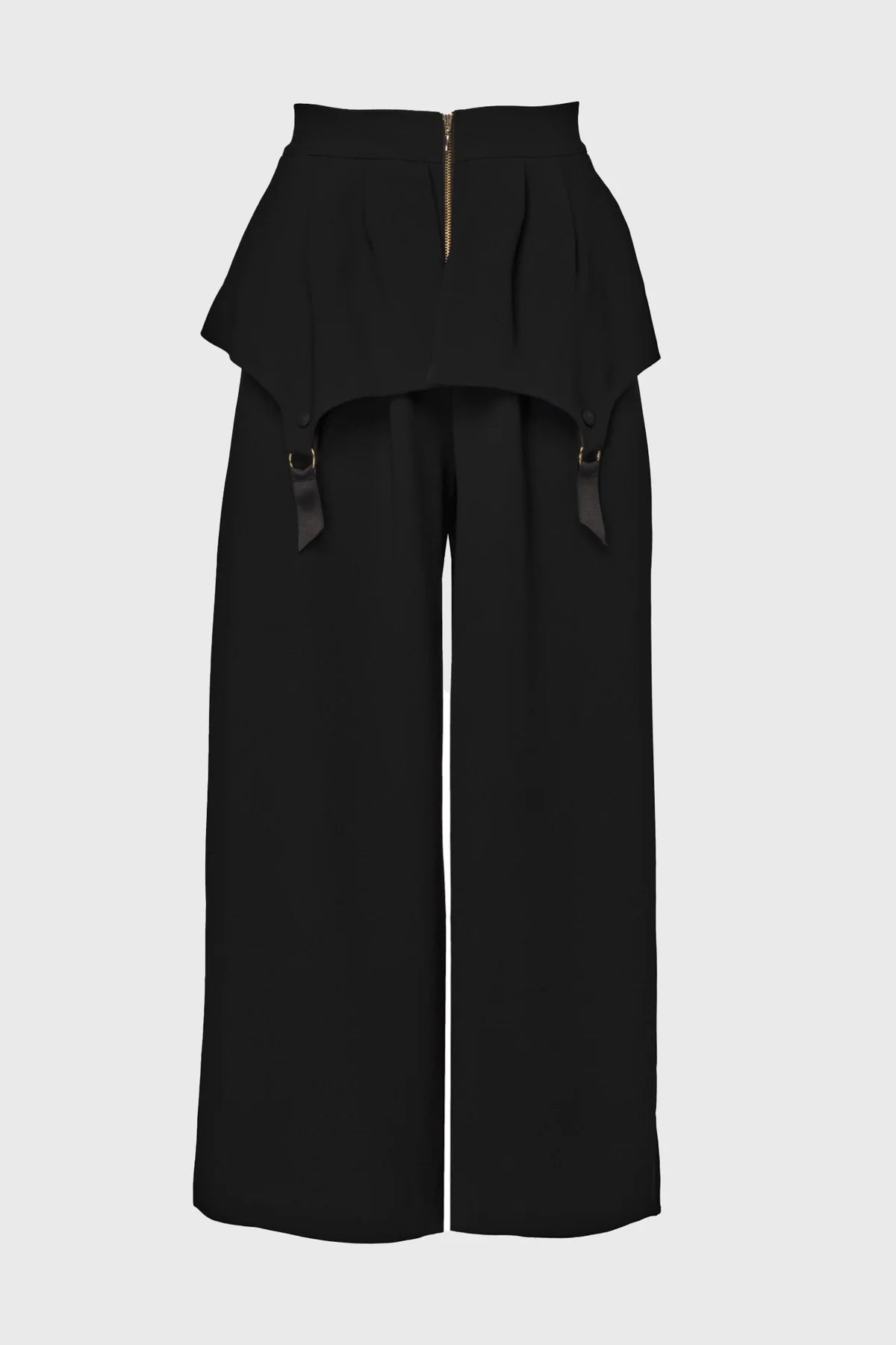 Black wide-leg pants with a layered design on a light gray background