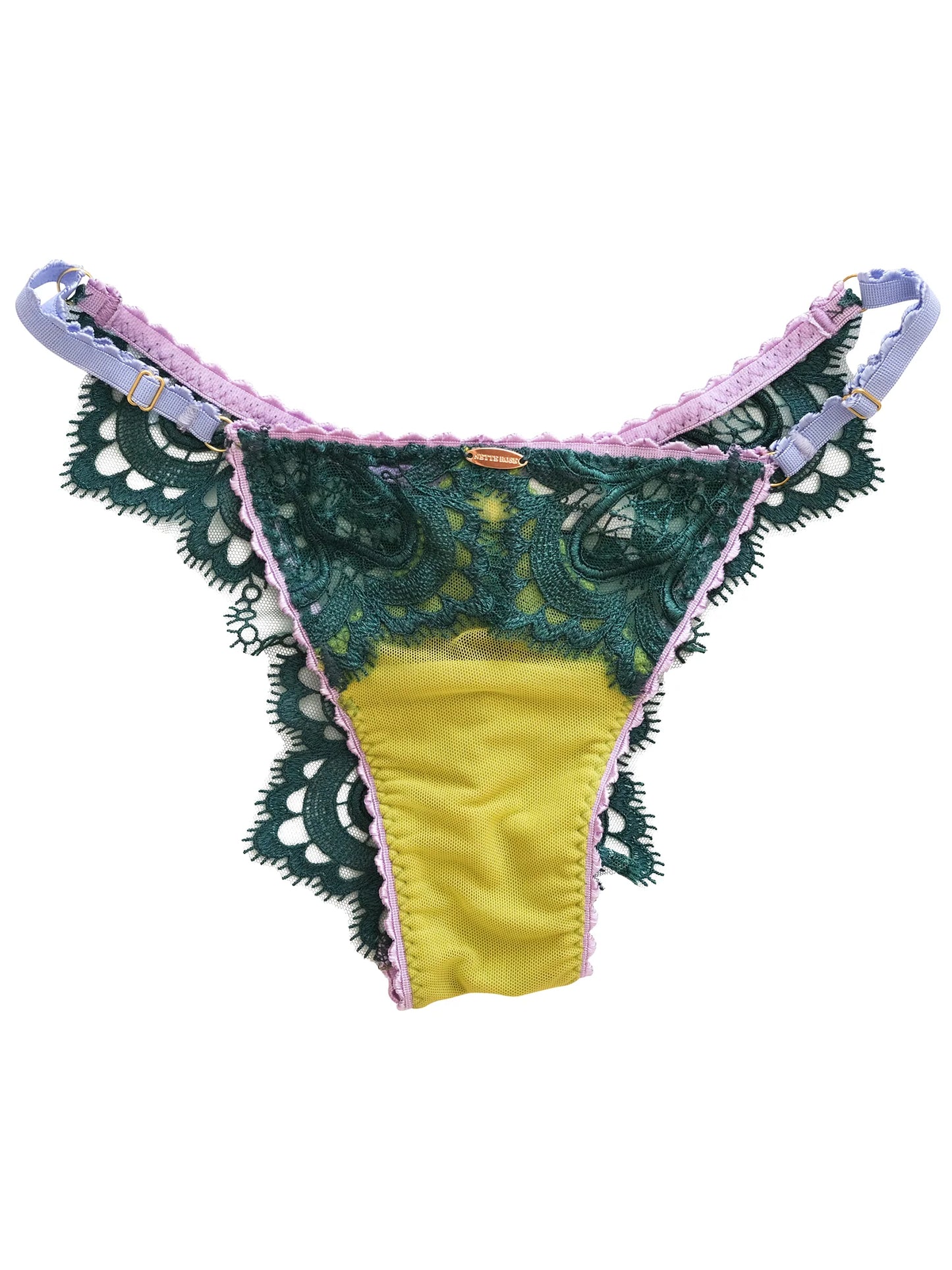 Lace-trimmed underwear with green lace and yellow fabric on a white background