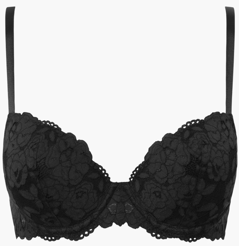 Black lace bra on a white background