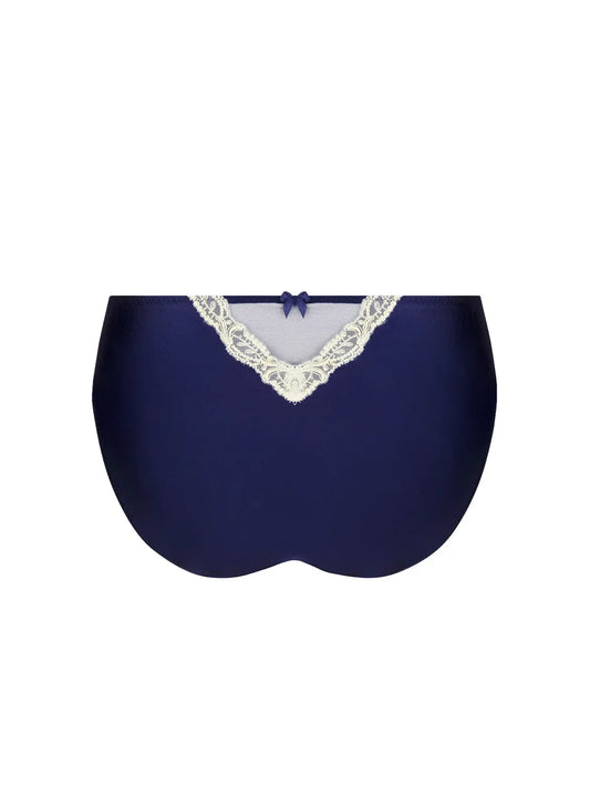 Navy blue women's underwear with lace trim on a white background