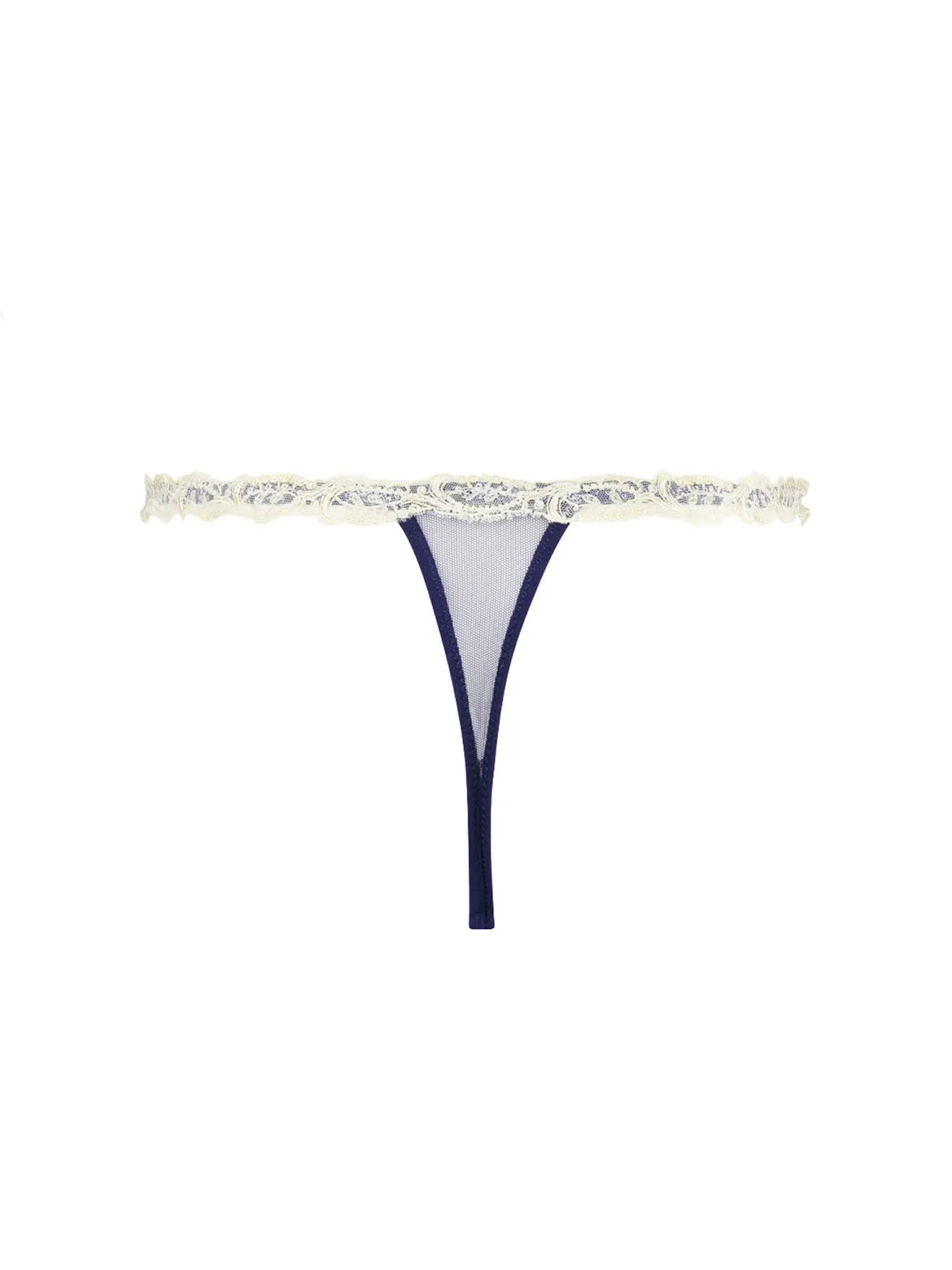 Navy blue thong with lace details on a white background