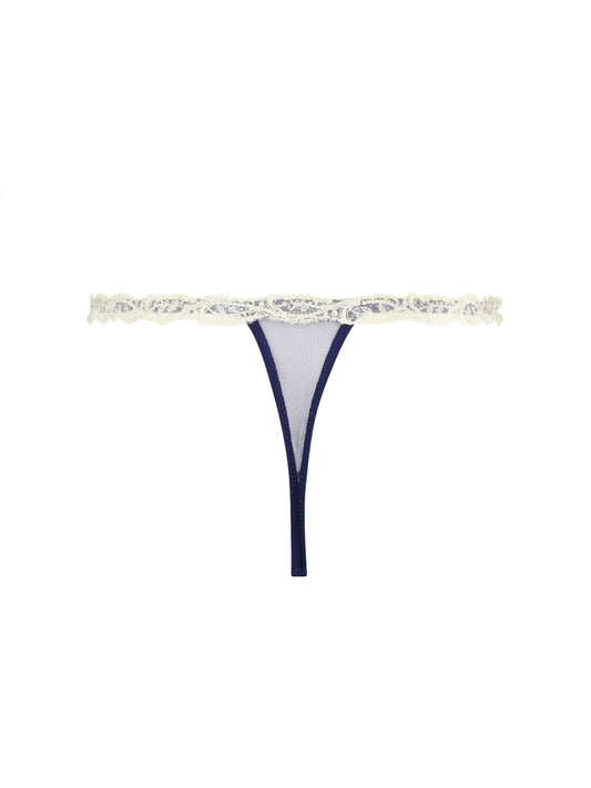Navy blue thong with lace details on a white background