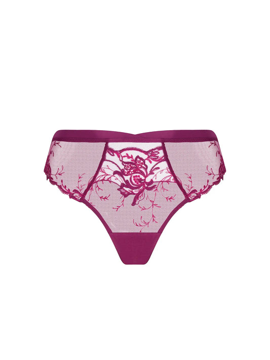 Pink lace underwear with floral design on a white background