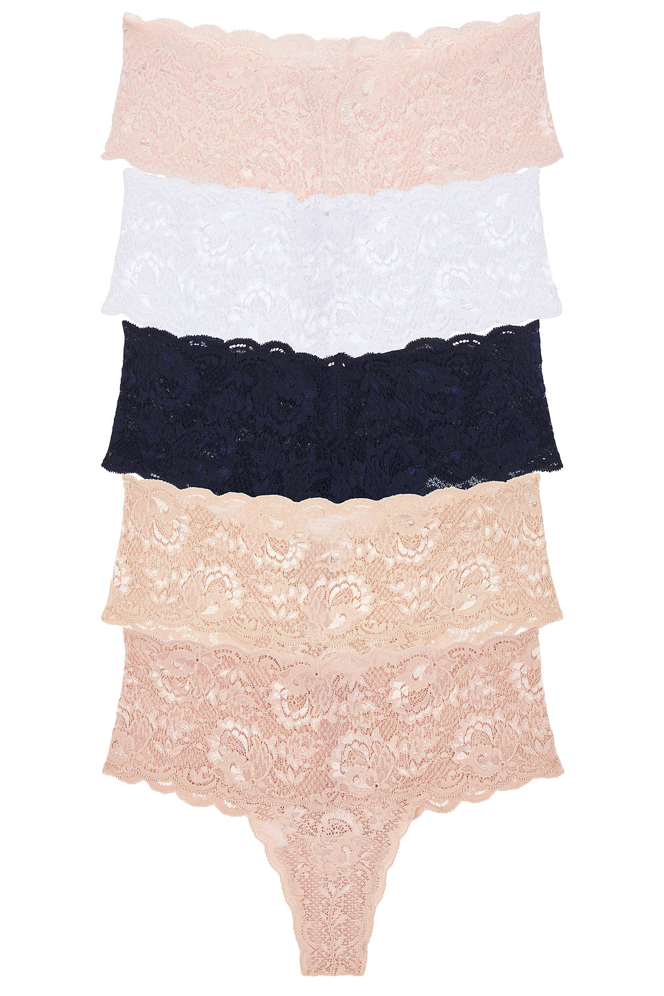 Stack of lace lingerie pieces on a white background