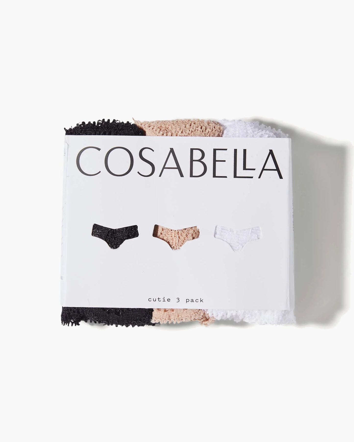 Cosabella underwear packaging with three pairs on a white background
