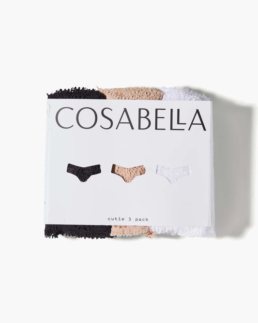 Cosabella underwear packaging with three pairs on a white background