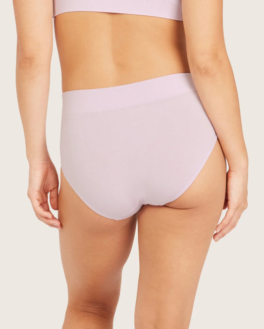 Light purple high-waisted underwear worn by a person on a plain background