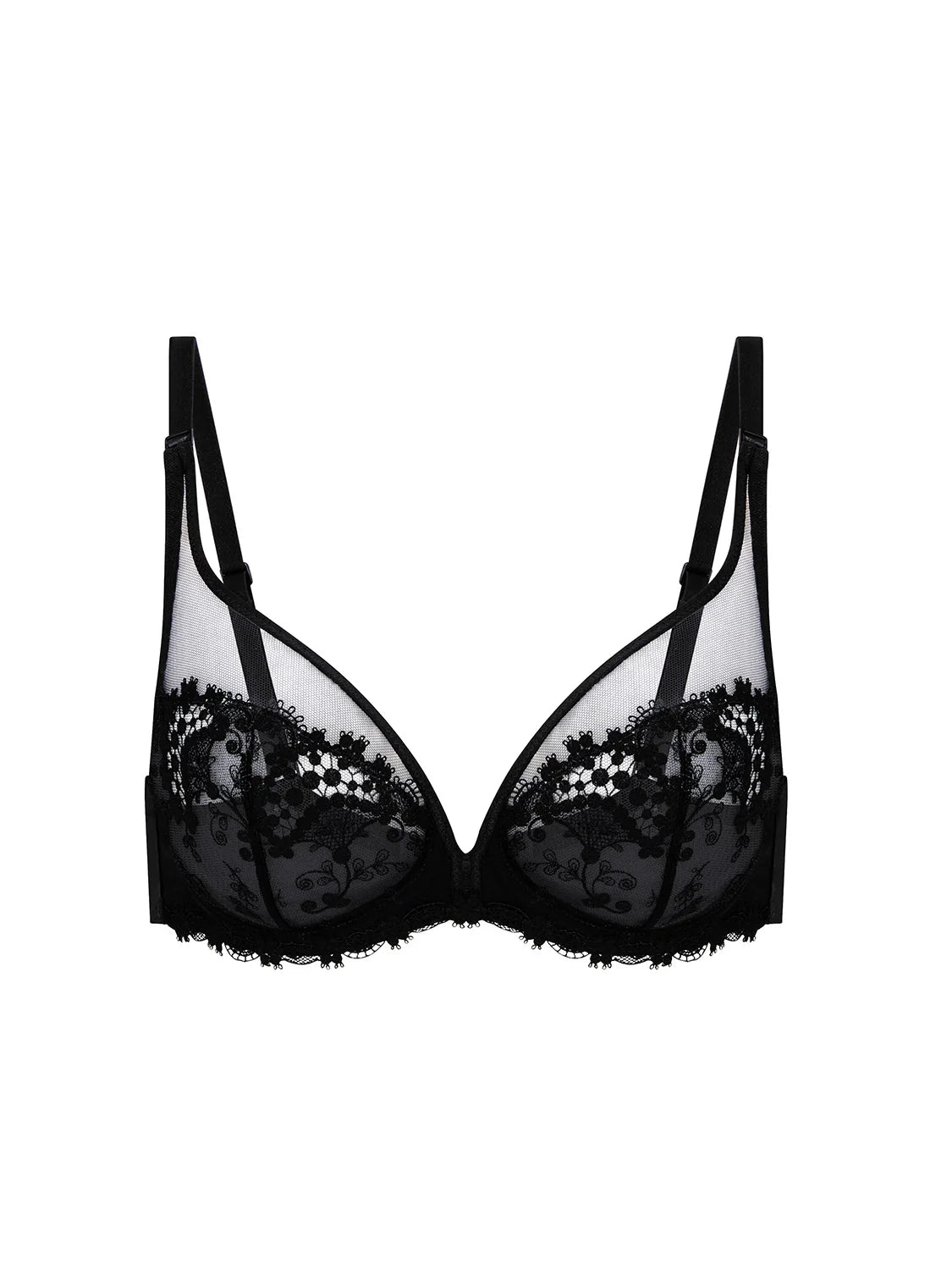 Black bra with lace details on a white background