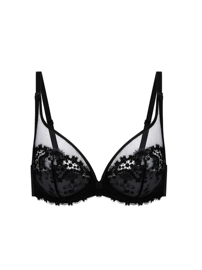 Black bra with lace details on a white background