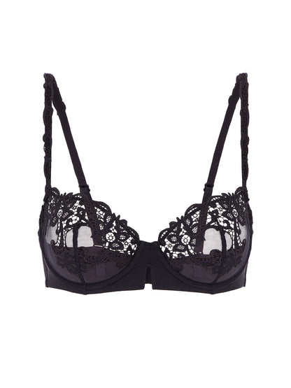 Black lace bra on a white background