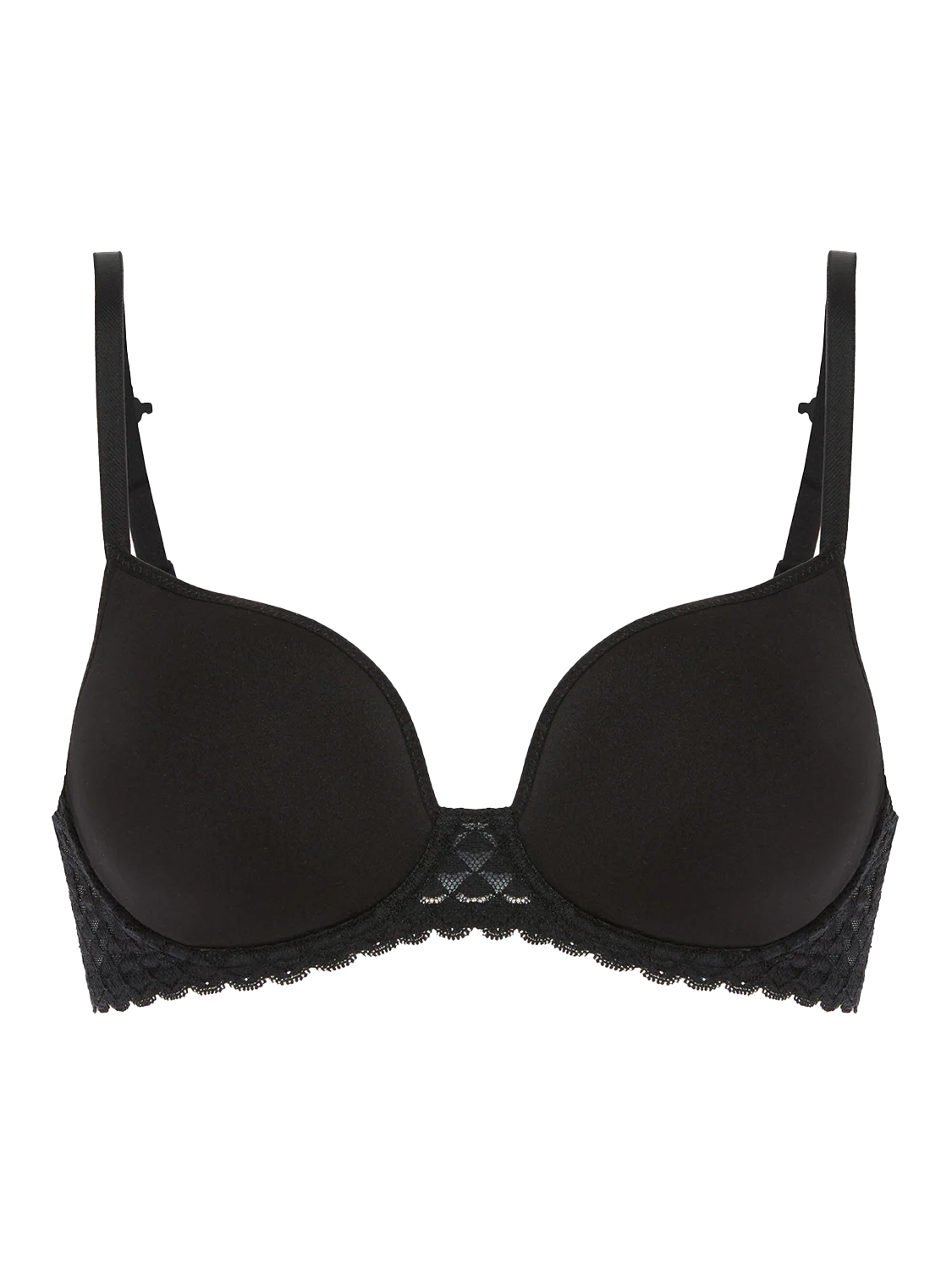 Black bra with lace details on a white background