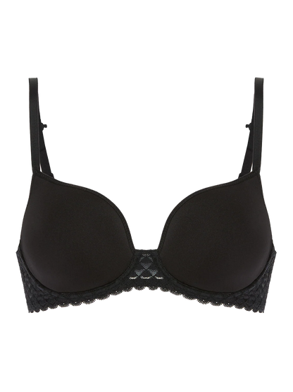 Black bra with lace details on a white background