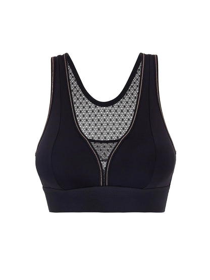 Black sports bra with geometric pattern on a white background