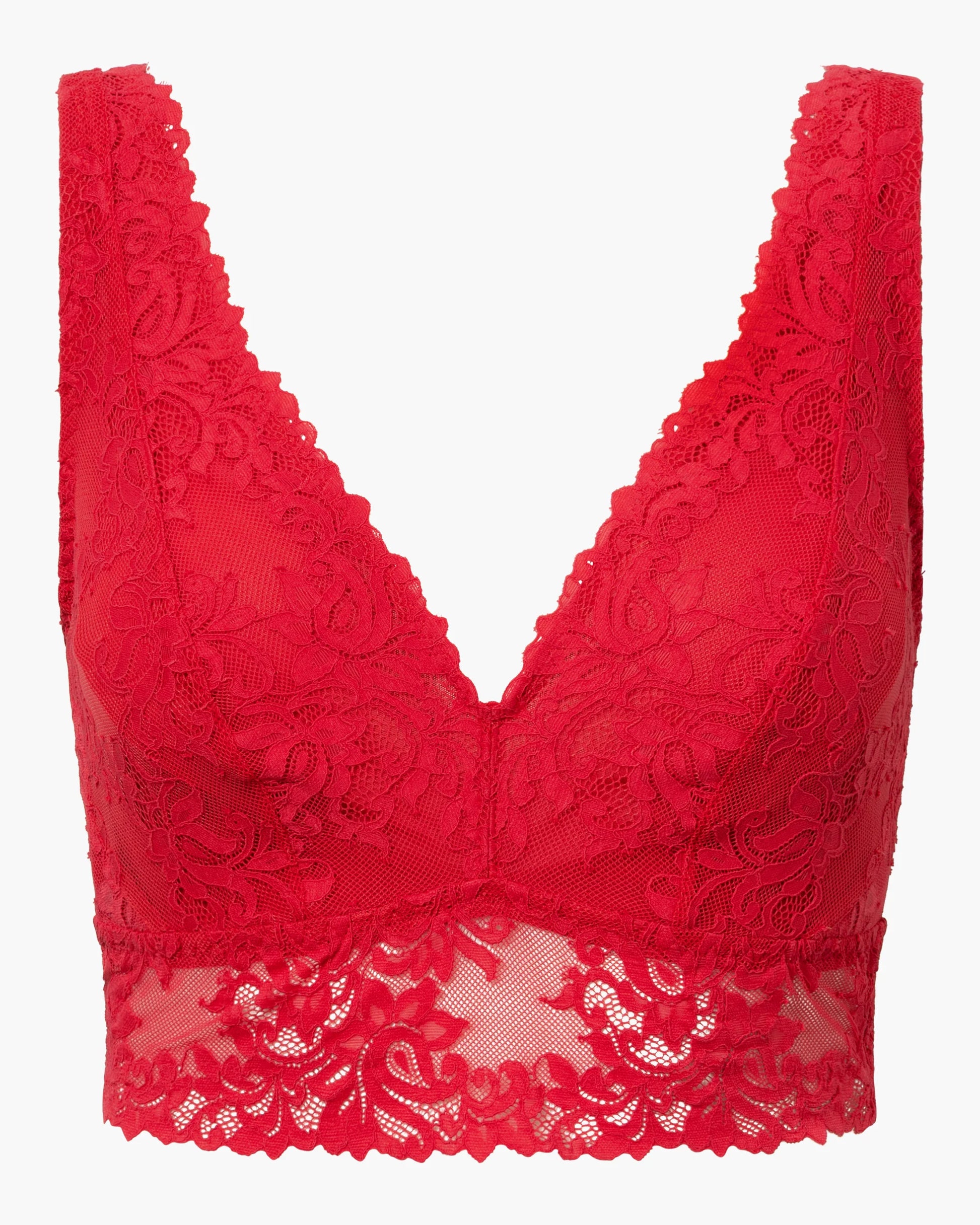 Red lace bra on a white background