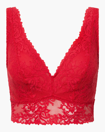Red lace bra on a white background