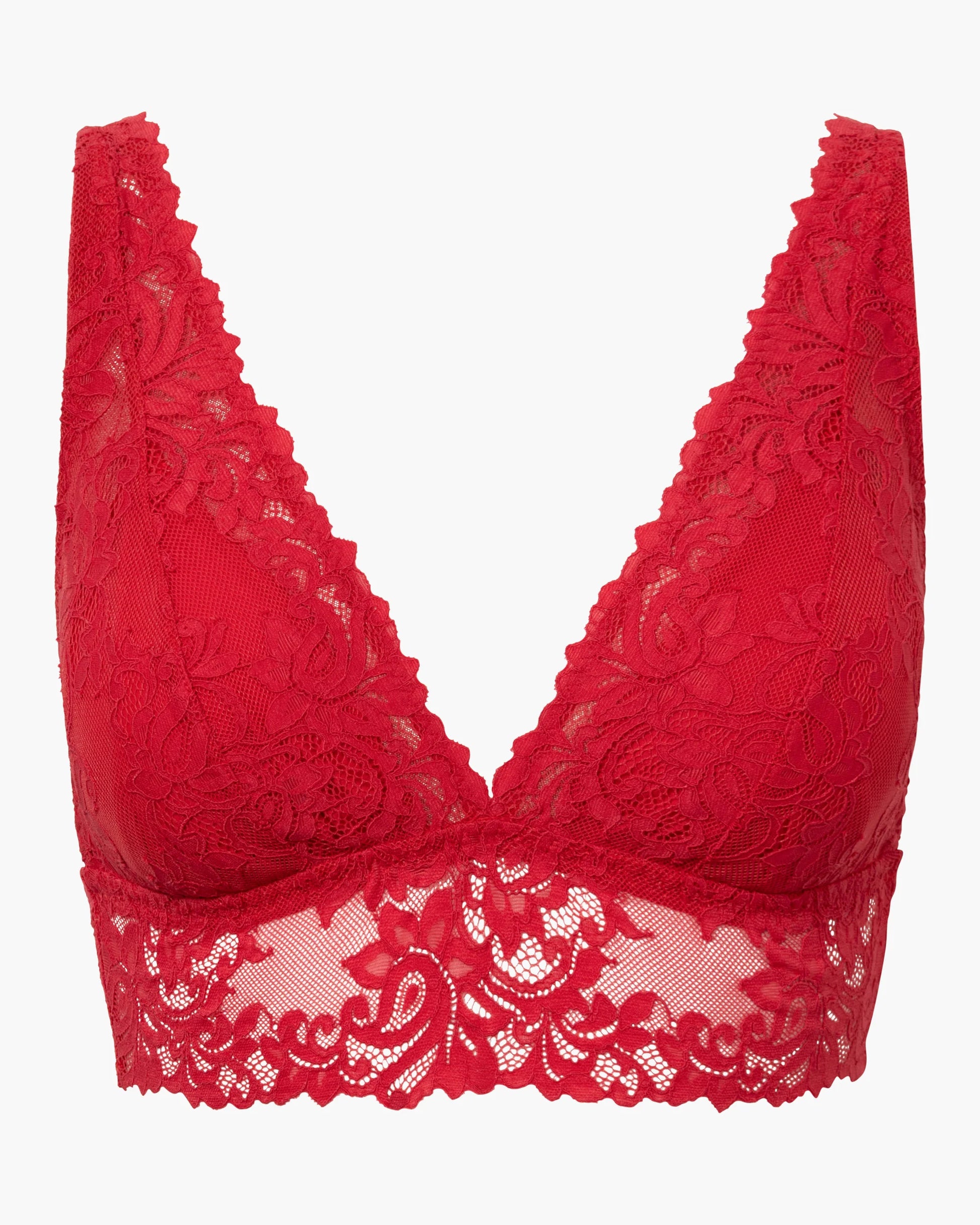 Red lace bra on a white background