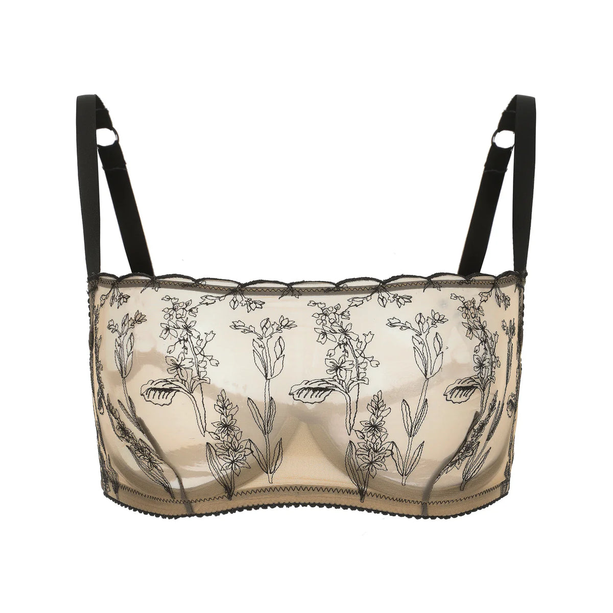 Lace bra with floral embroidery on a white background