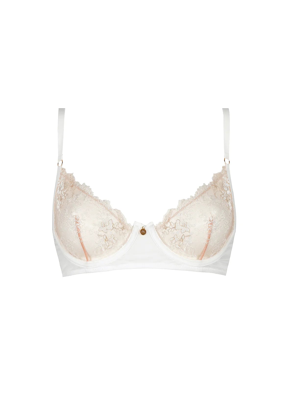 White bra with lace details on a white background