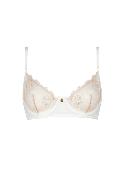 White bra with lace details on a white background