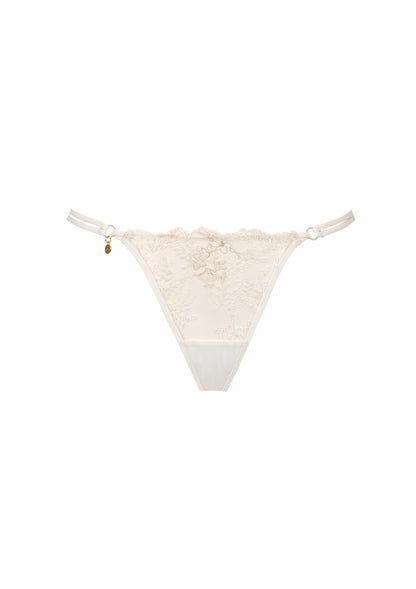 Beige lace bikini bottom on a white background
