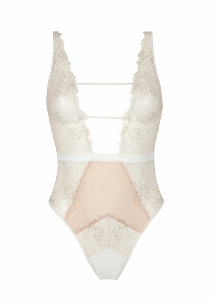 Lace-trimmed bodysuit on a white background