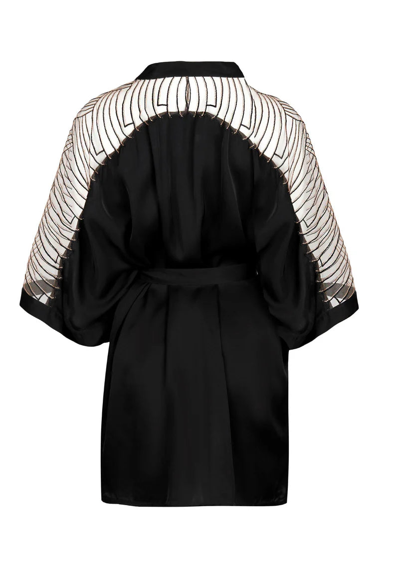 Black kimono-style garment with white geometric patterns on sleeves against a white background