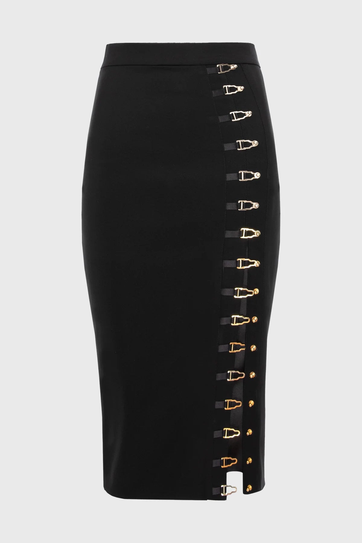 Black pencil skirt with gold accents on a light gray background