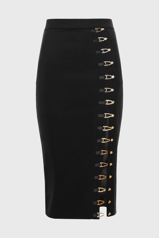Black pencil skirt with gold accents on a light gray background
