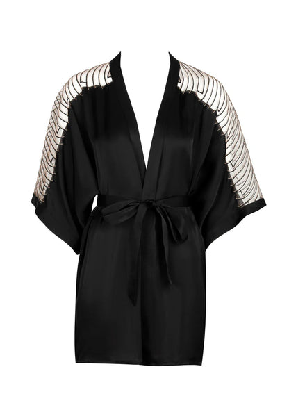 Black kimono-style garment with white and gray striped sleeves on a white background