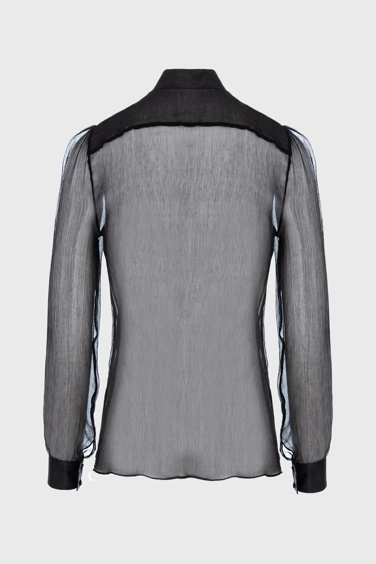 Black sheer shirt with black accents on a white background