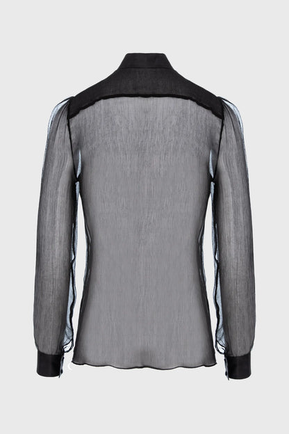 Black sheer shirt with black accents on a white background