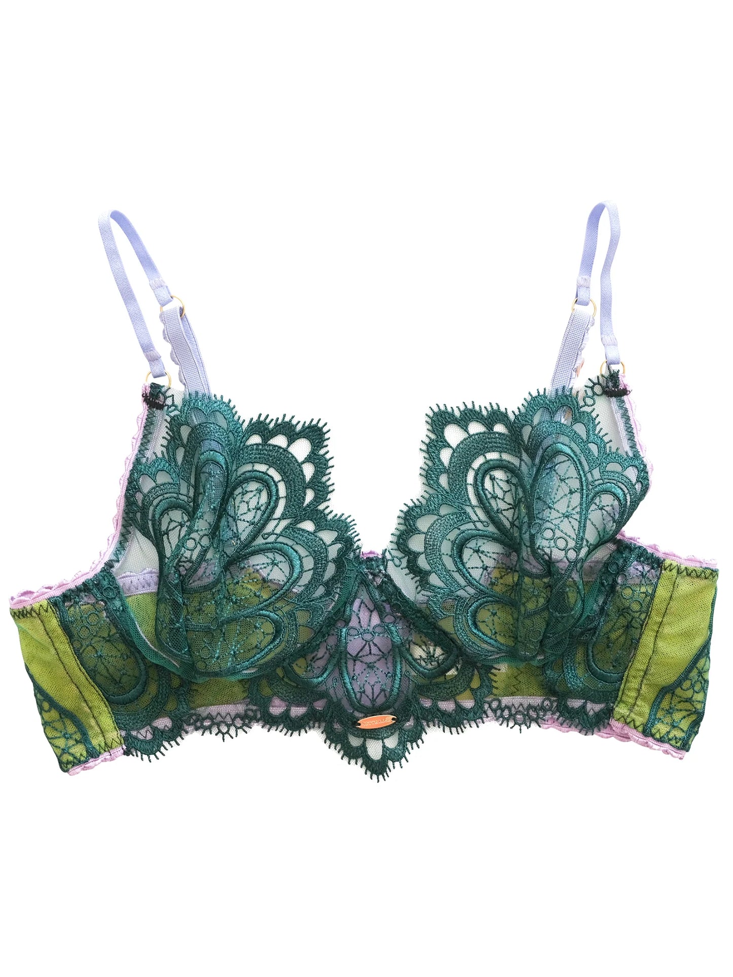 Green lace bra on a white background