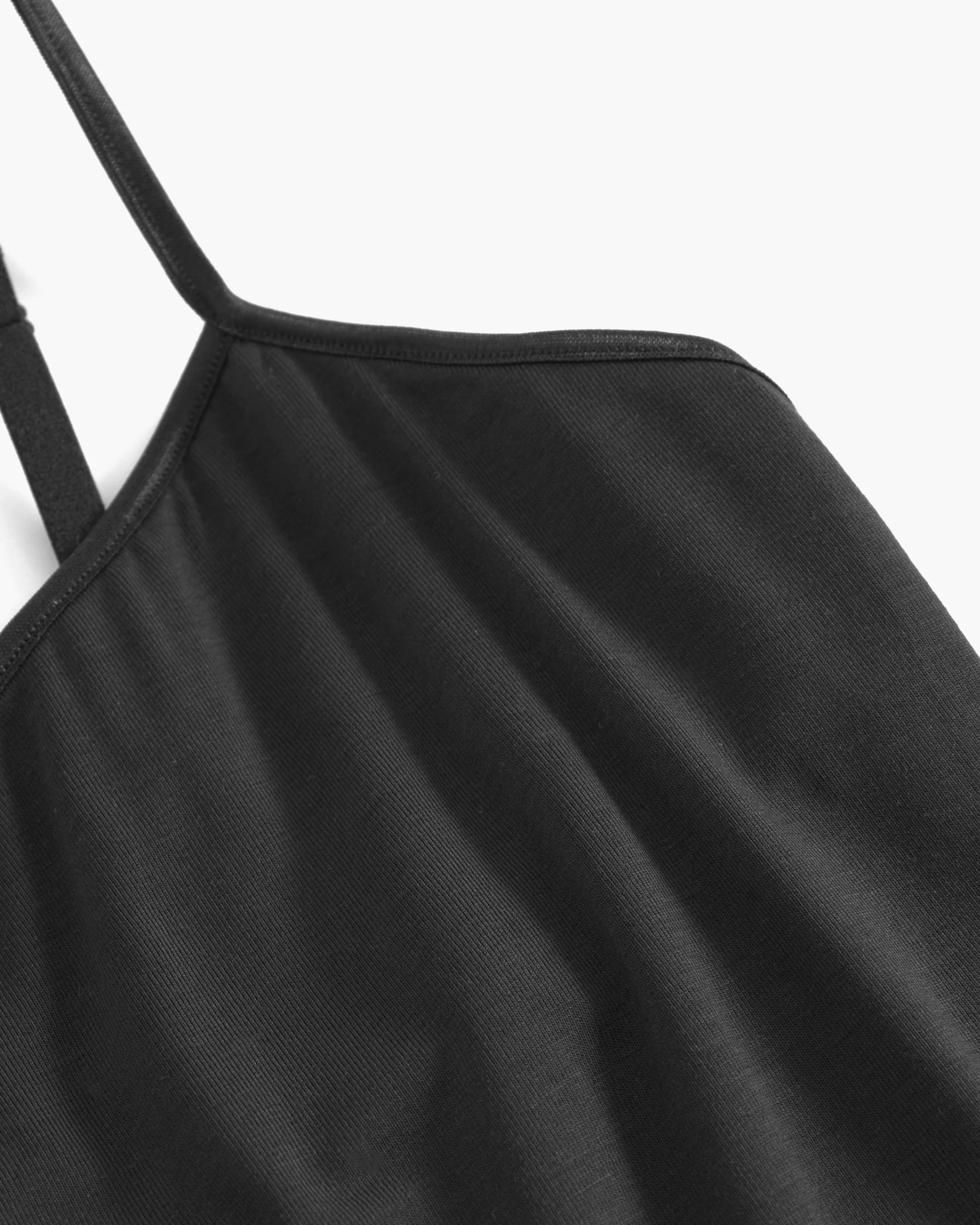 Close-up of a black tank top with thin straps 