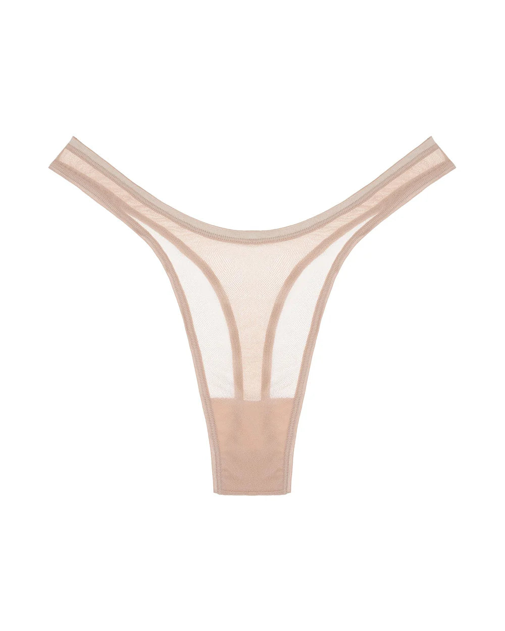 A sheer nude mesh thong with solid beige trim, displayed flat against a solid white background.