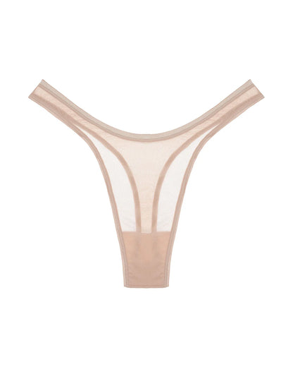 A sheer nude mesh thong with solid beige trim, displayed flat against a solid white background.
