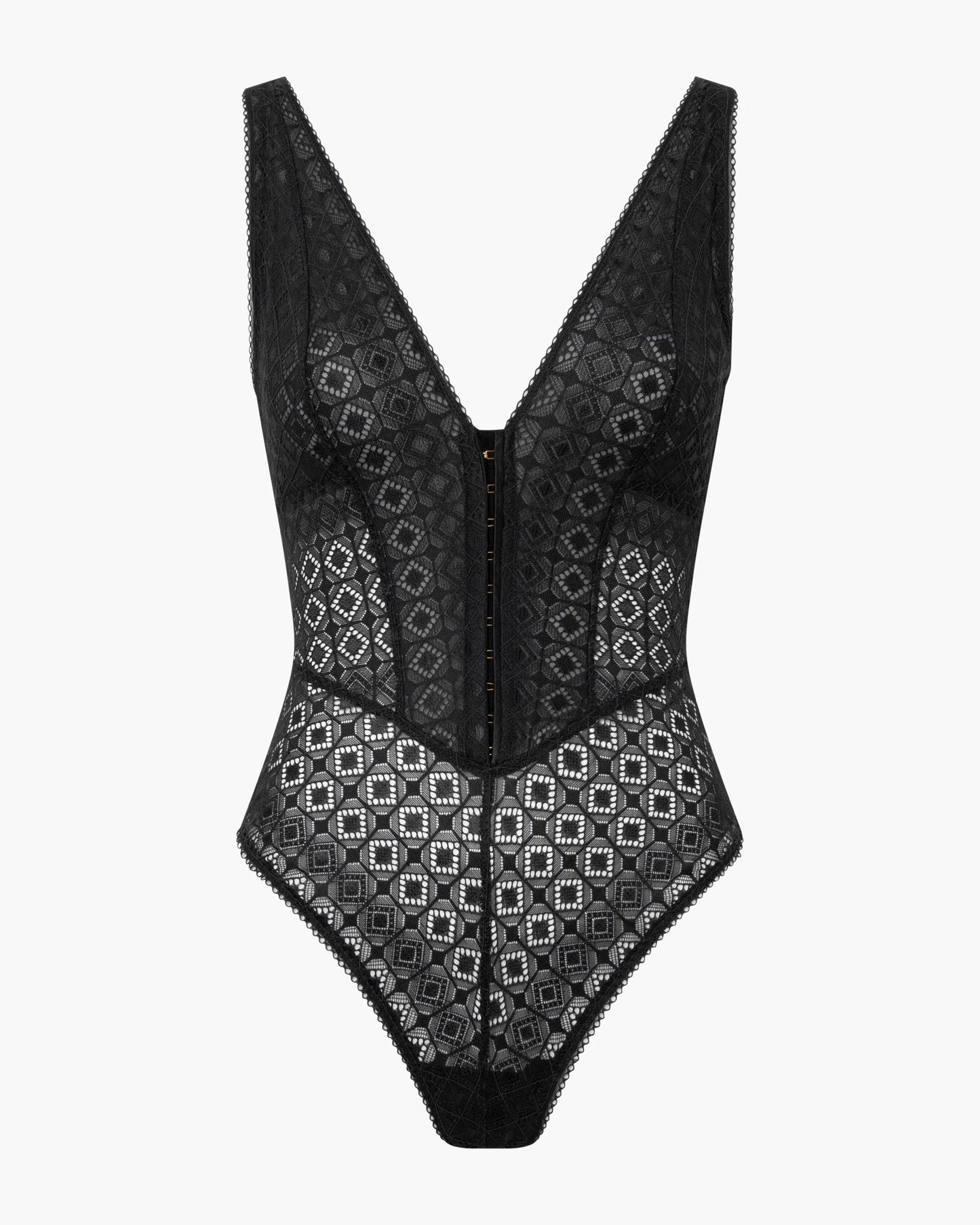 Black lace bodysuit with geometric pattern on a white background