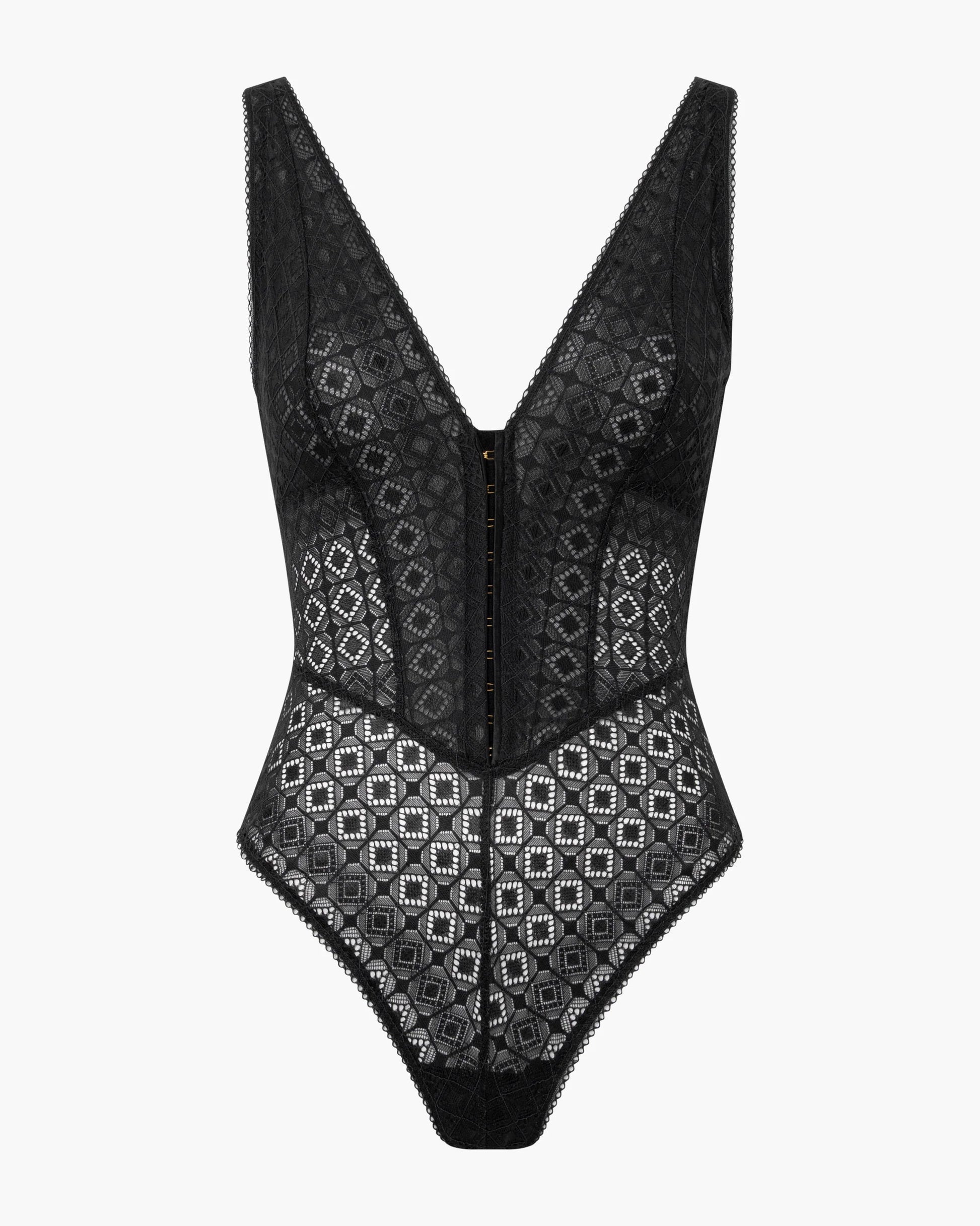 Black lace bodysuit with geometric pattern on a white background