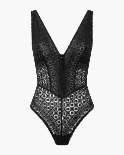 Black lace bodysuit with geometric pattern on a white background