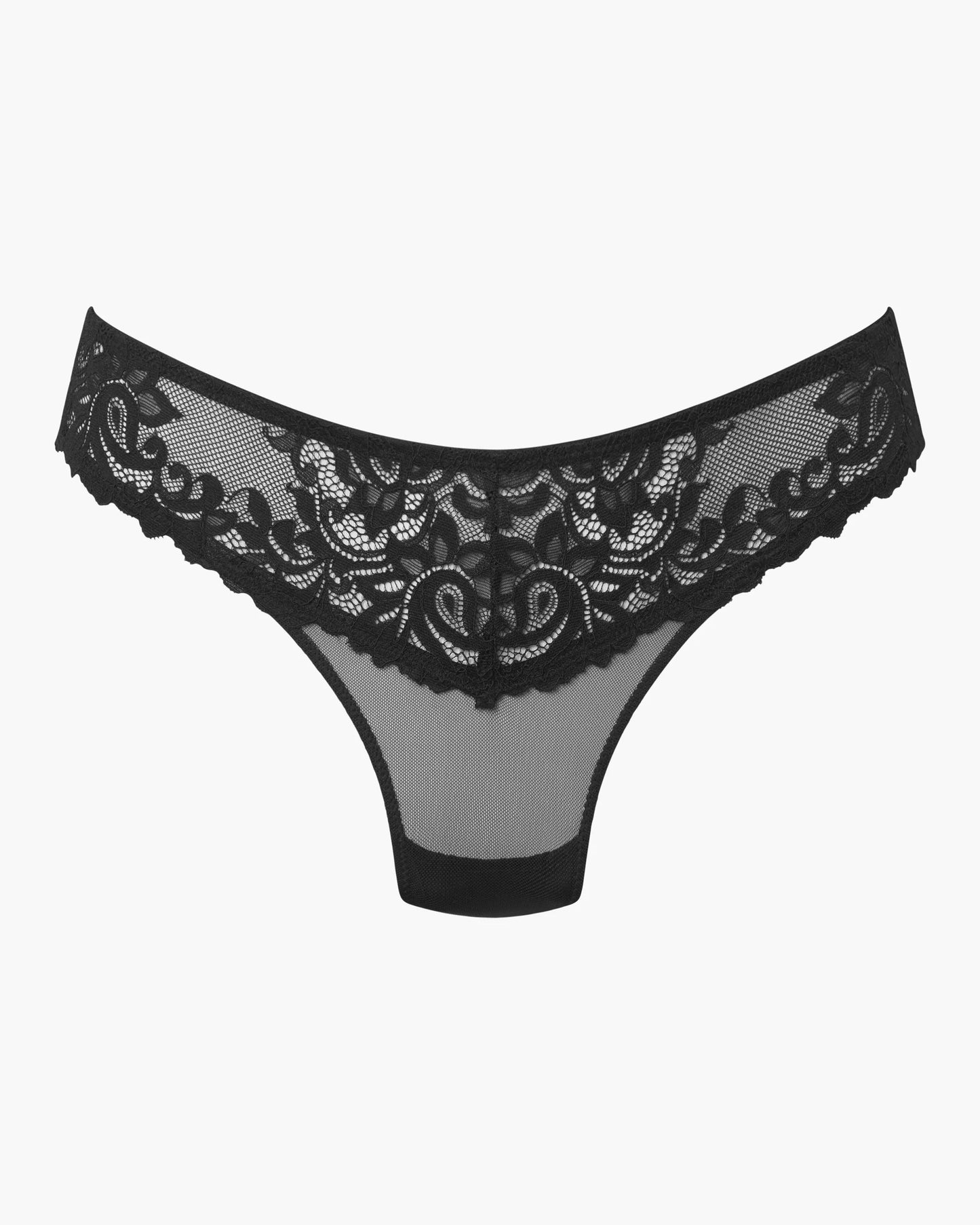 Black lace thong on a white background