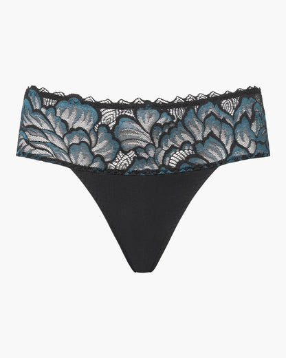 Black lace thong with blue floral pattern on a white background
