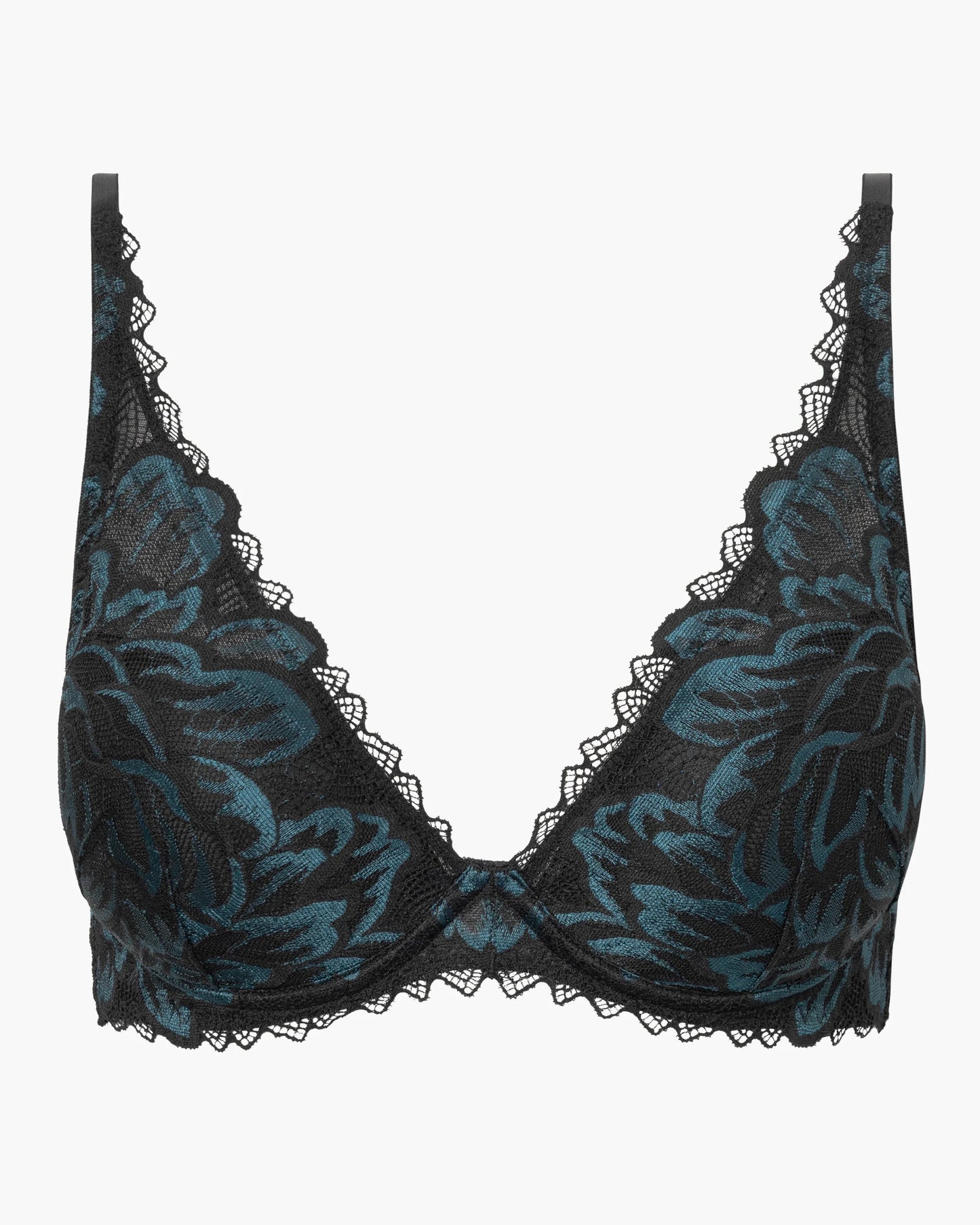 Black lace bra with blue floral patterns on a white background