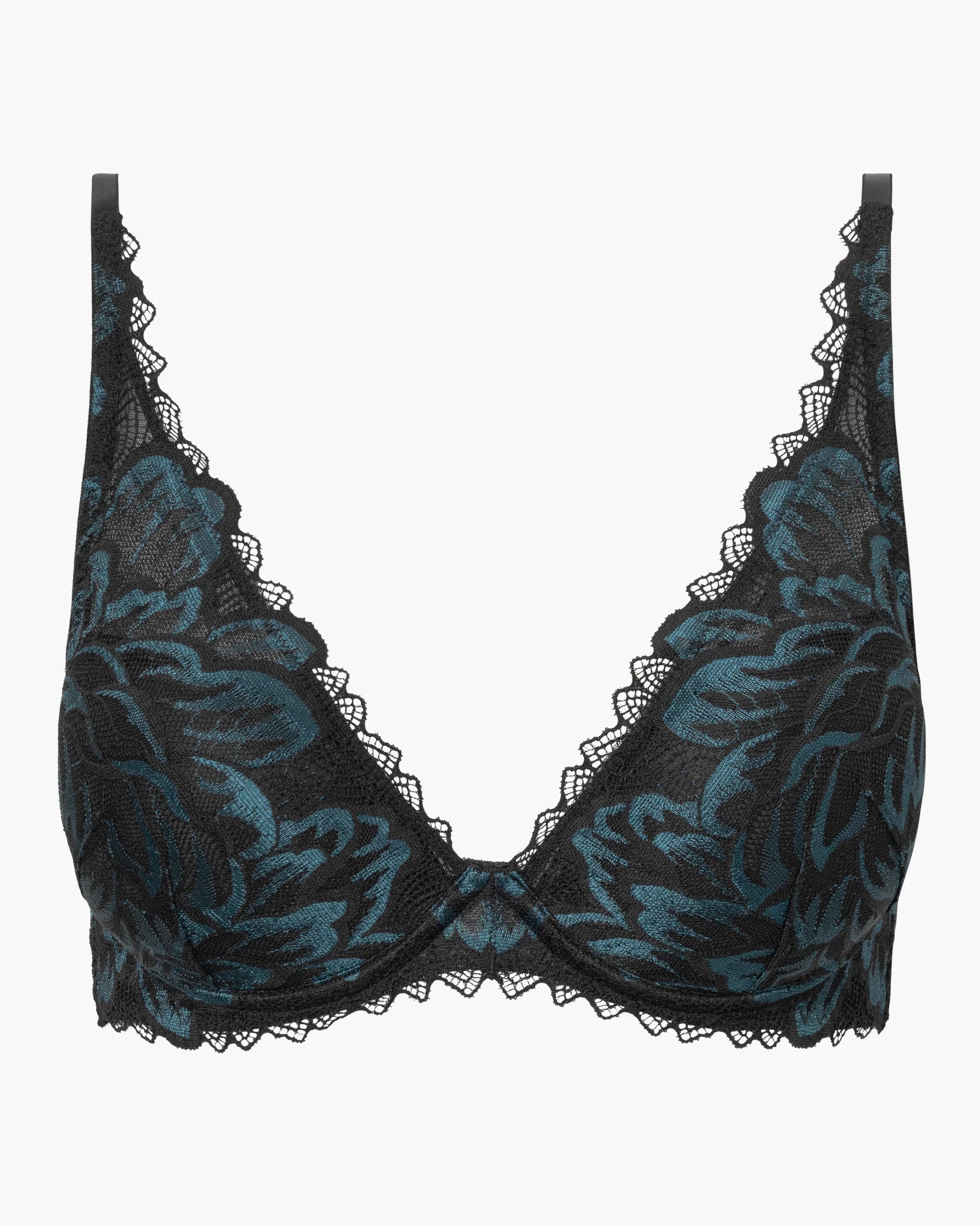 Black lace bra with blue floral patterns on a white background