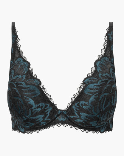 Black lace bra with blue floral patterns on a white background