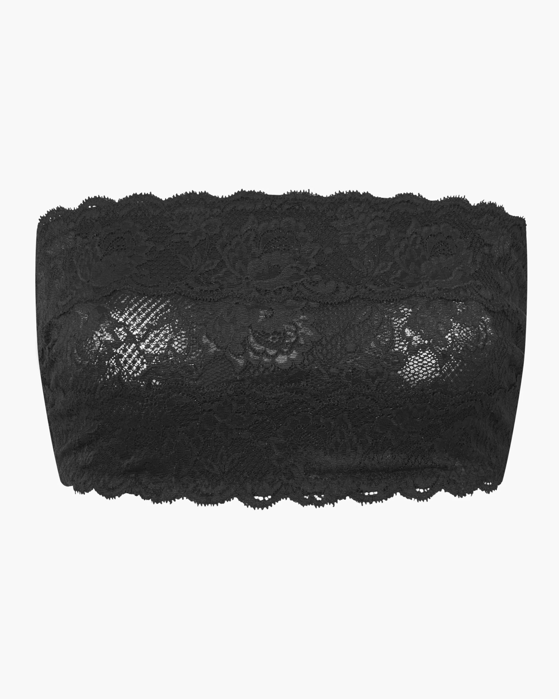 Black lace bandeau top on a white background